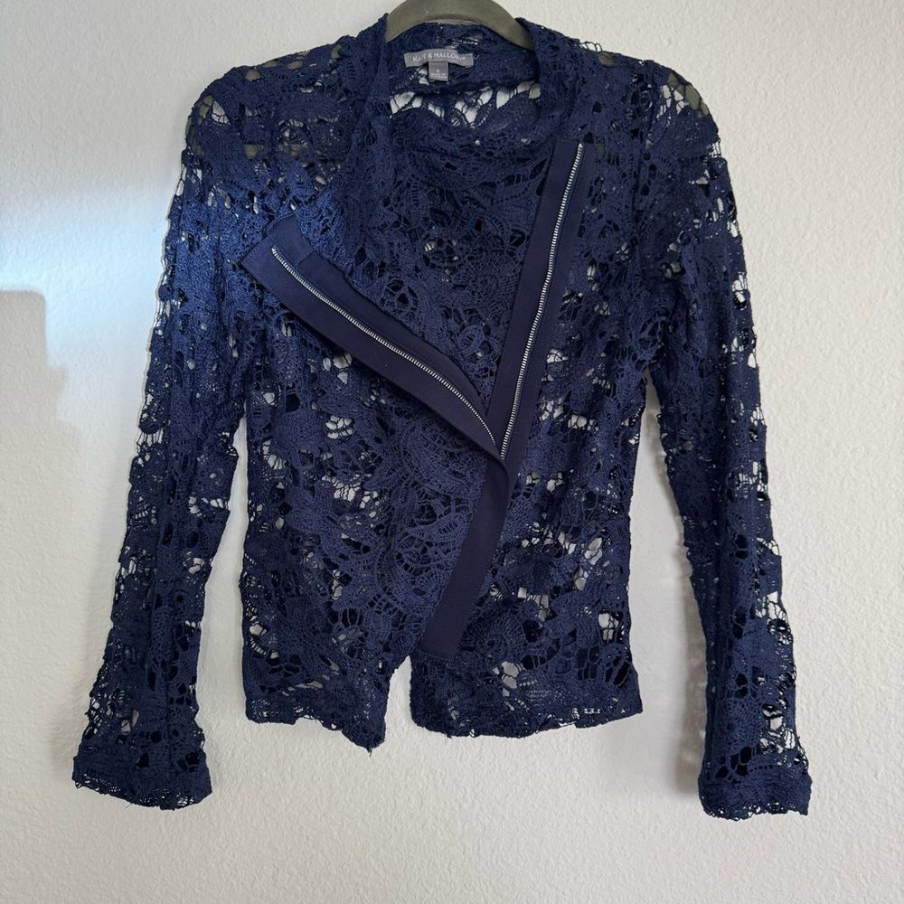 Kate & Mallory Crochet Jacket Size S Lace Moto Boho Zipper Navy Blue Unique